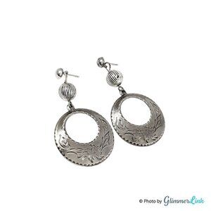 Vintage Dama Silver Tone Tiered Hoop Floral Etched Dangle Earrings